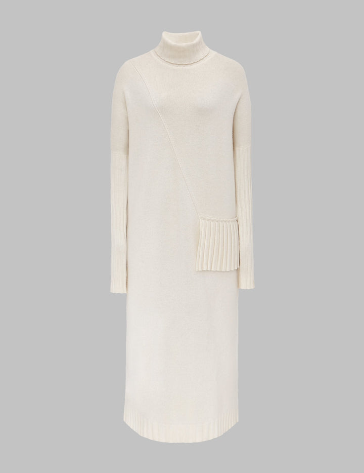 Chalk Roll Neck Pleated Cashmere Dress