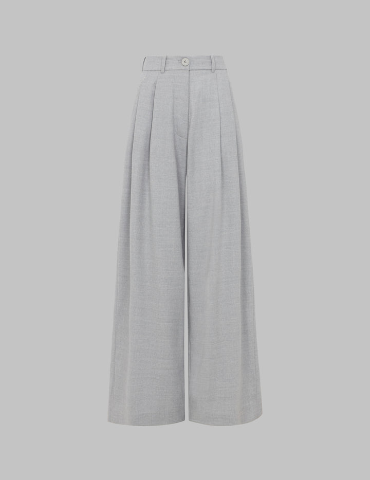 Grey Wool High Waisted Pleated Wide Leg Trousers