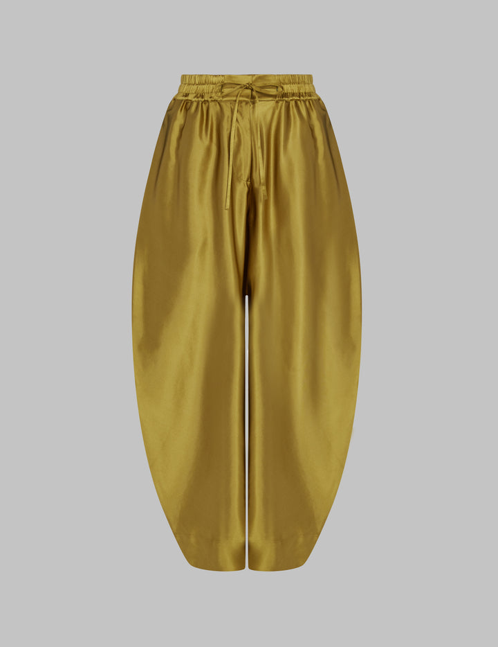 Chartreuse Silk Satin Cropped Drawstring Trousers