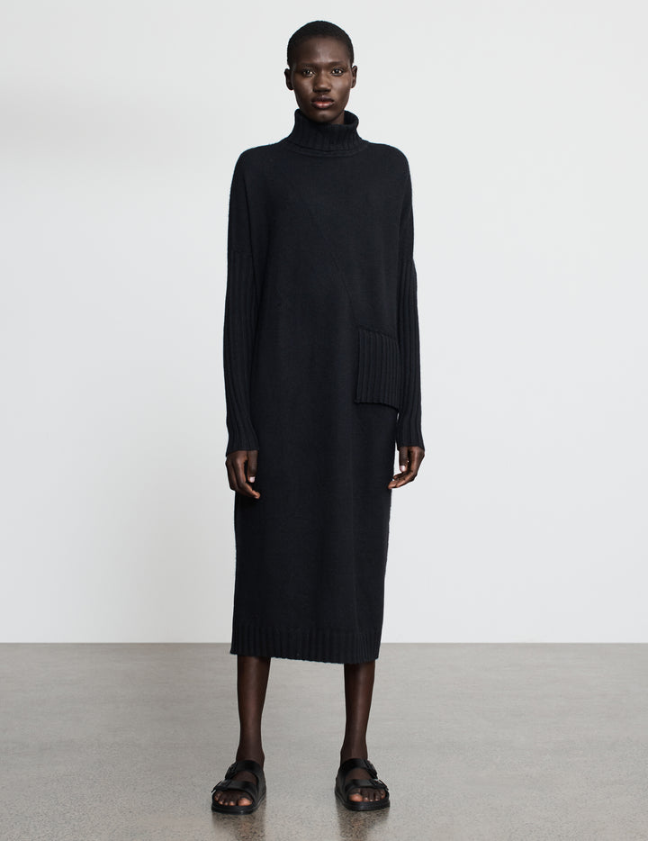 Black Roll Neck Cashmere Dress with Pleat Detail