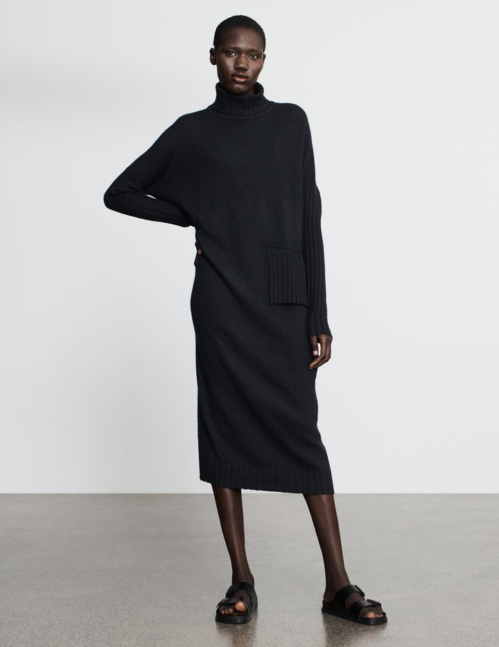 Black Roll Neck Cashmere Dress with Pleat Detail