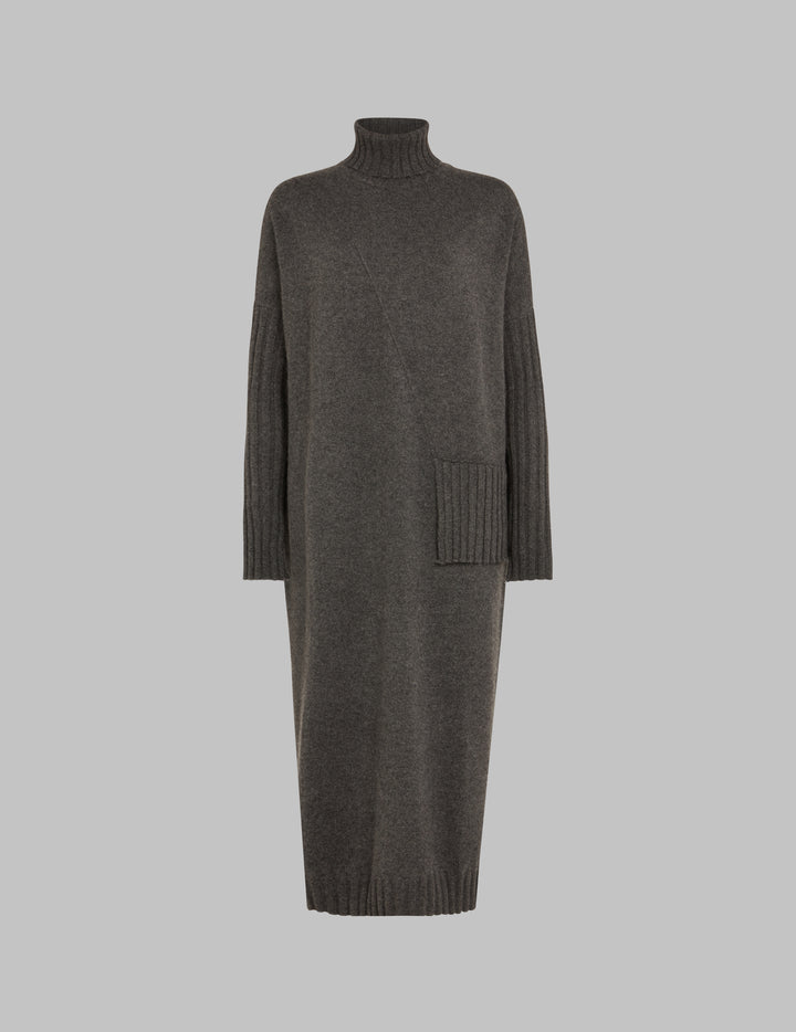 Flannel Grey Roll Neck Pleated Cashmere Dress