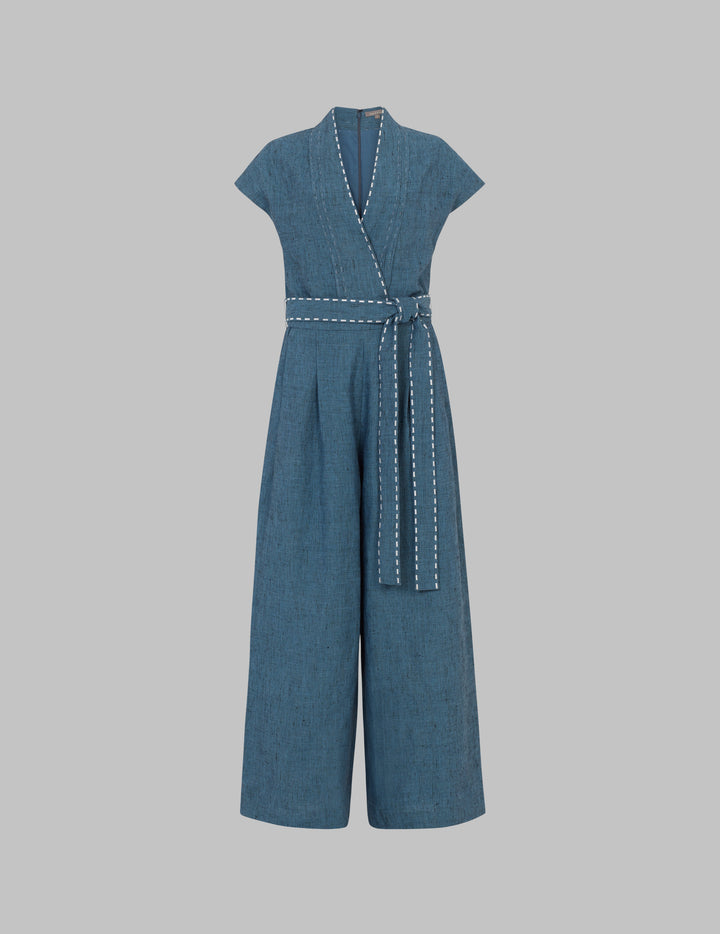 Blue Linen Kimono Belted Jumpsuit