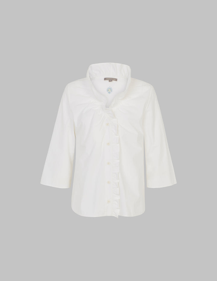 White Crush Cotton V Neck Ruffle Shirt