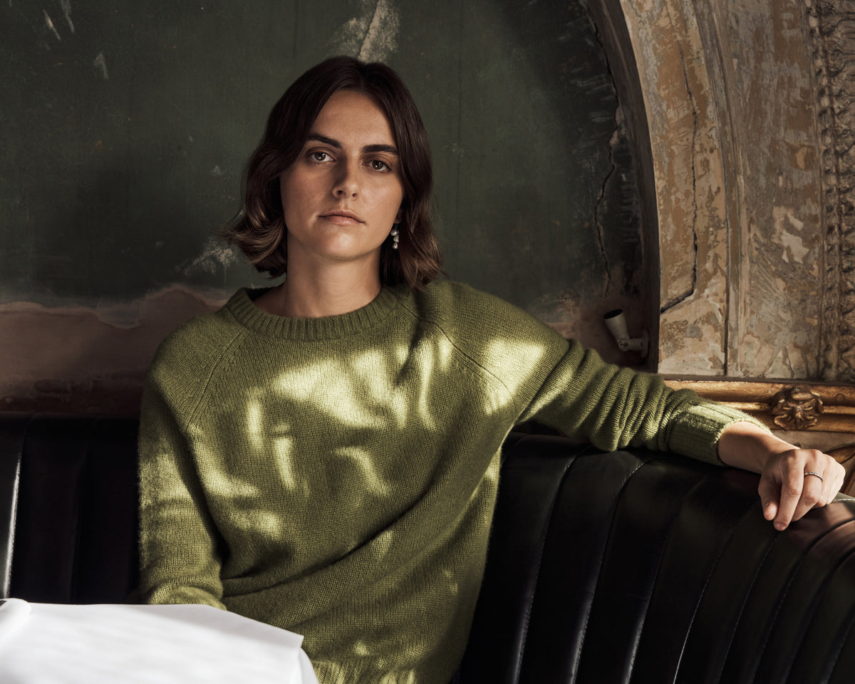 Sophie in our Bamboo Green Cashmere Crew Neck