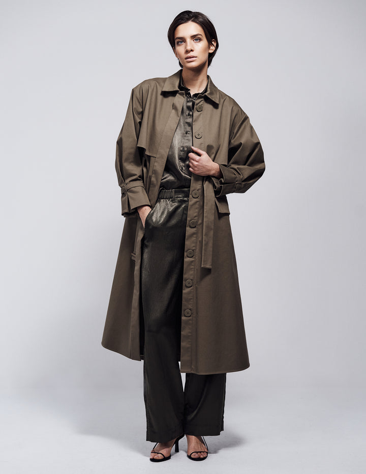 Khaki Olive Cotton Drill Belted Serai Trench Coat