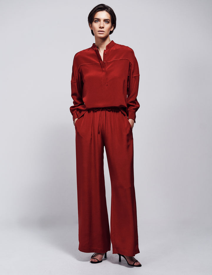 Coulis Red Silk Wide Leg Drawstring Trousers