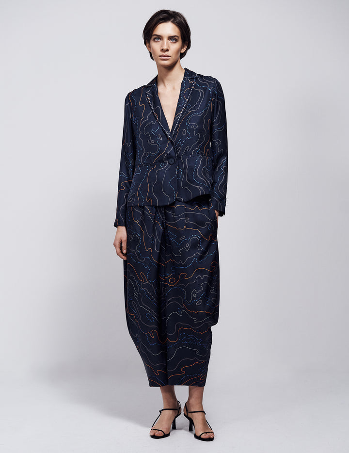 Navy River Print Silk Deconstructed Piccolo Jacket