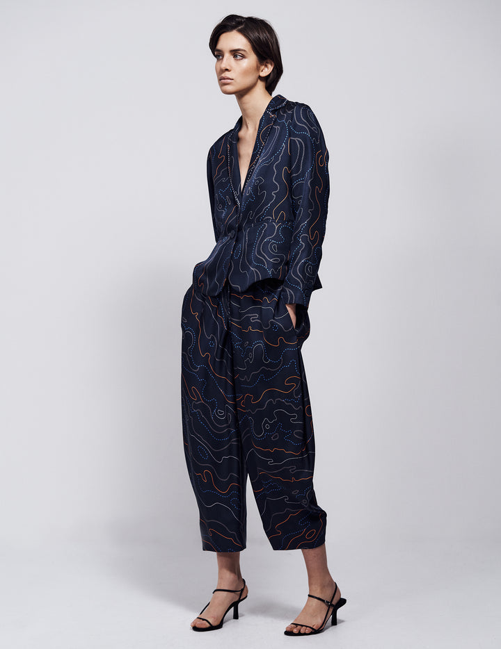 Navy River Print Cropped Drawstring Trousers