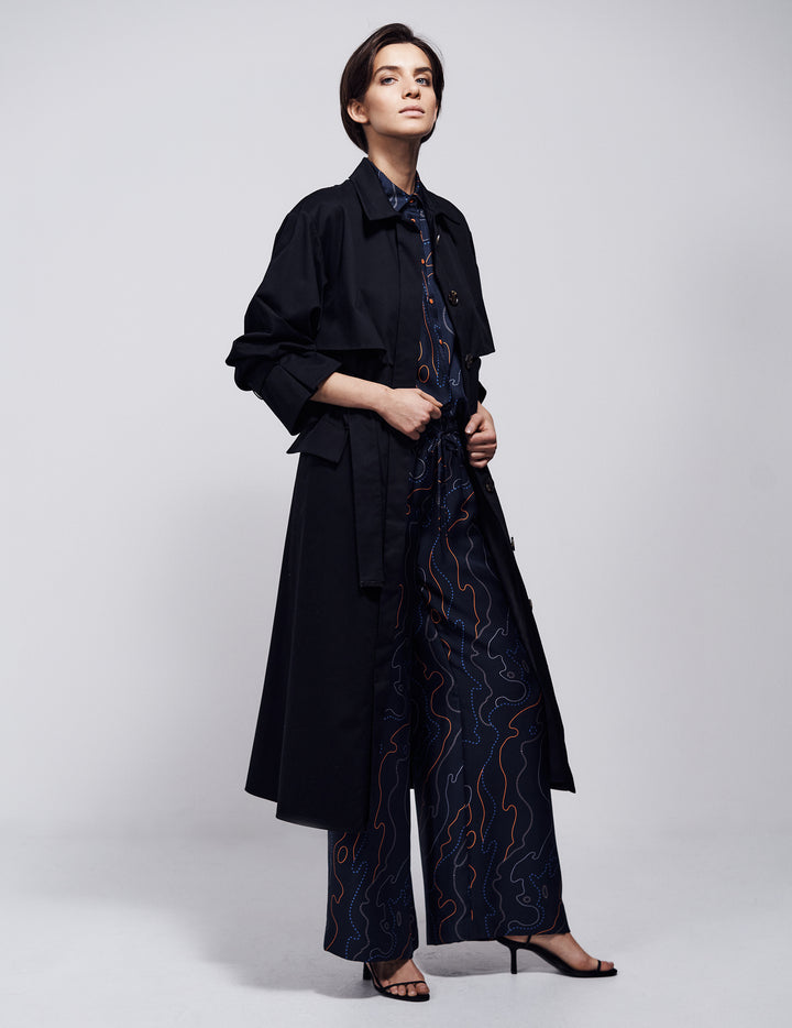 Navy Cotton Drill Serai Belted Trench Coat