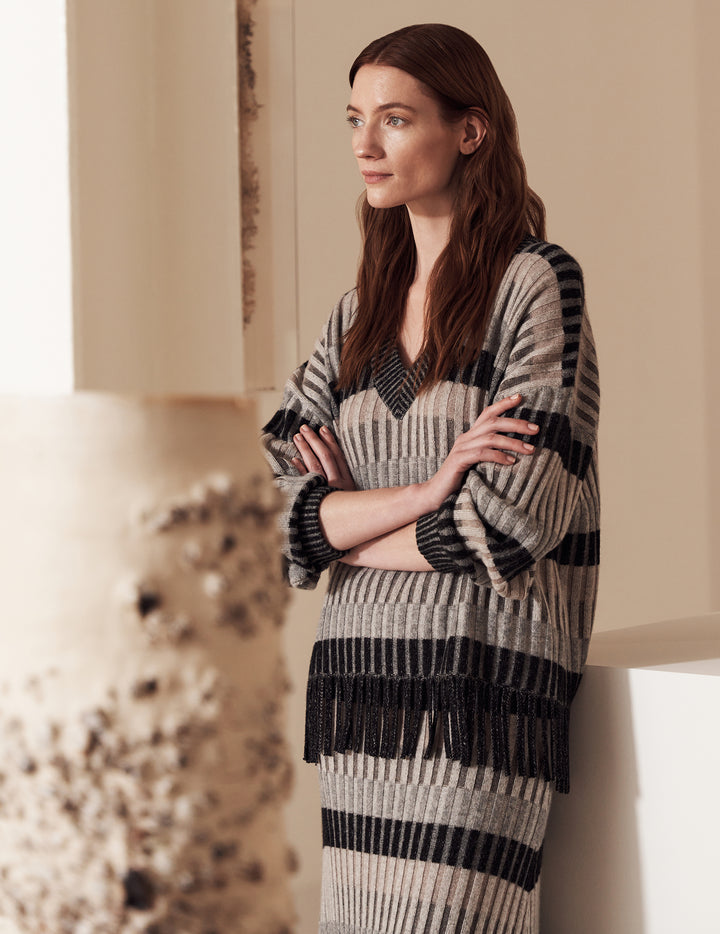 Grey Stripe Fringed Cashmere Sweater