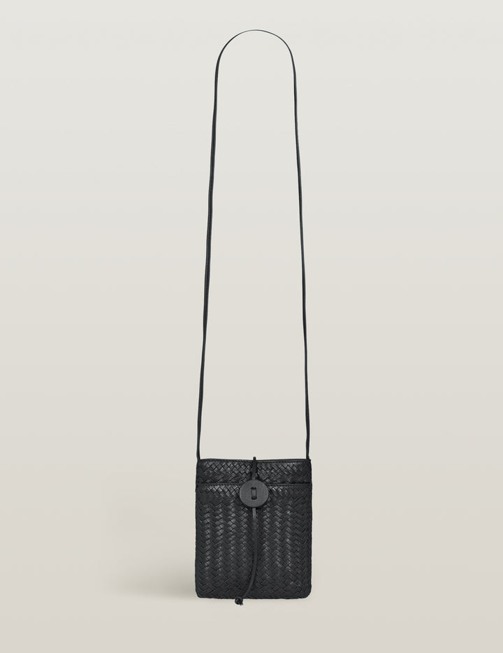 Black Handwoven Leather Cross Body Phone Bag