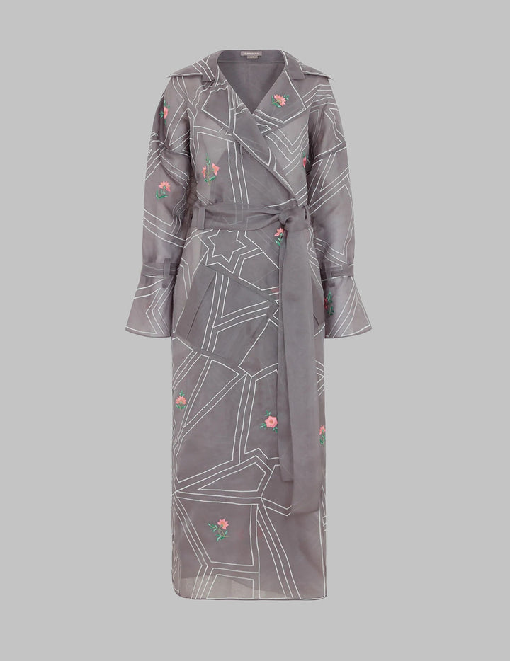Grey Silk Embroidered Trench Coat