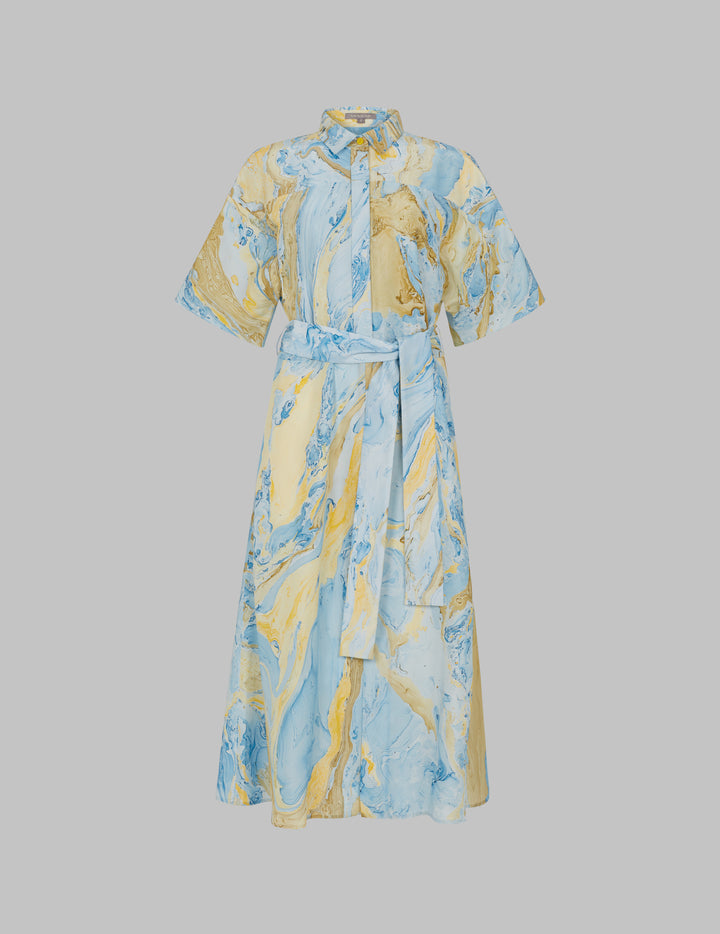 Marble Print Silk Belted Midi Shirt Dress