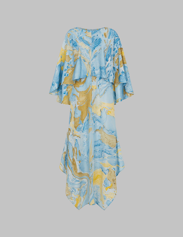 Marble Print Silk Cape Maxi Dress