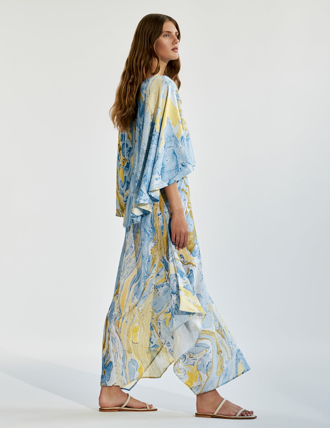  Marble Print Silk Cape Maxi Dress 