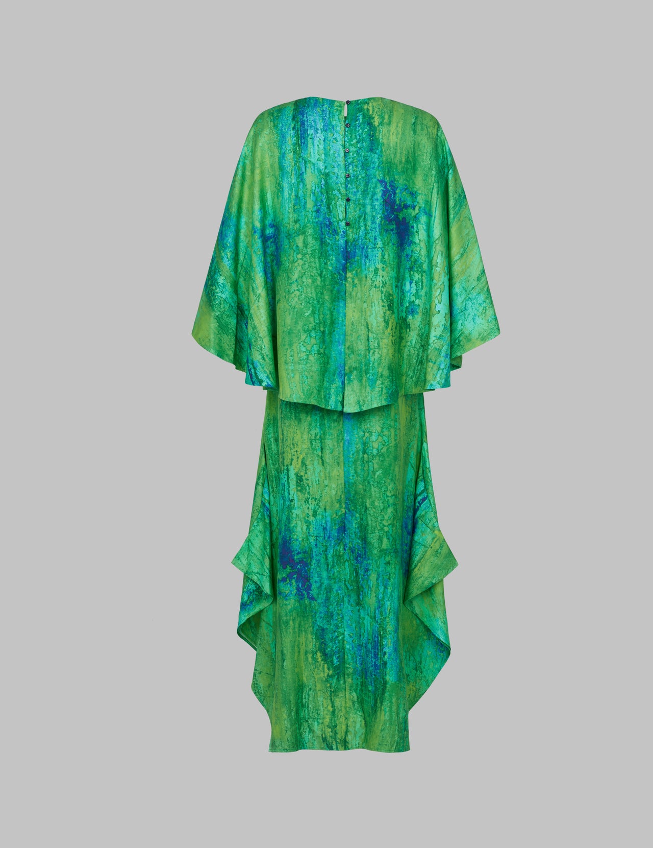  Lanka Print Silk Habotai Cape Dress | Varana 