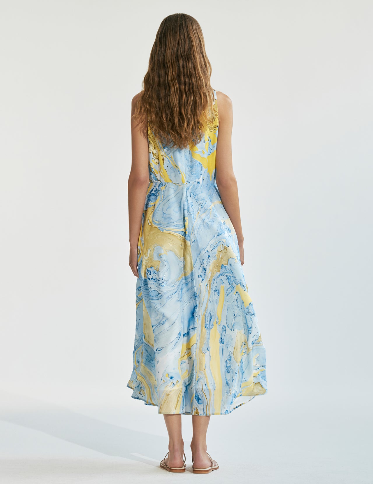  Marble Print Silk Sleeveless Maxi Dress   