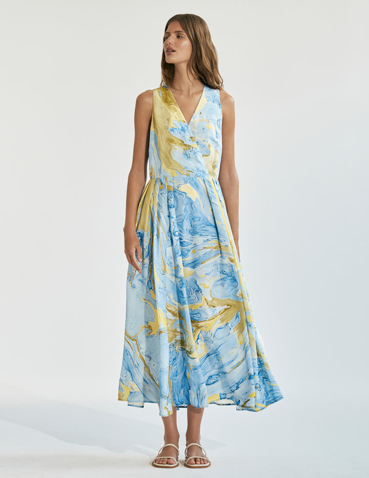 Marble Print Silk Sleeveless Maxi Dress