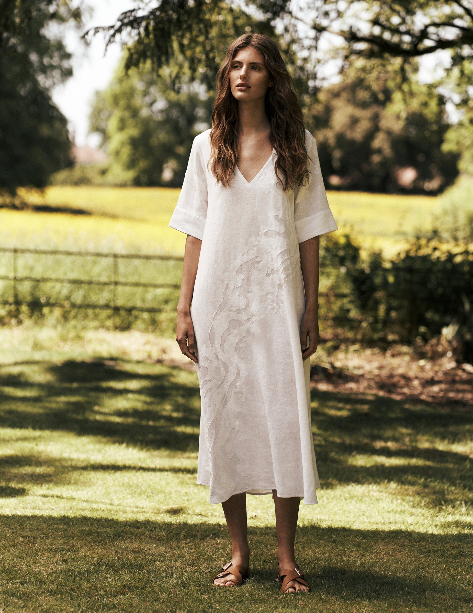 White Linen V Neck Midi Dress | Lightweight Summer Dress