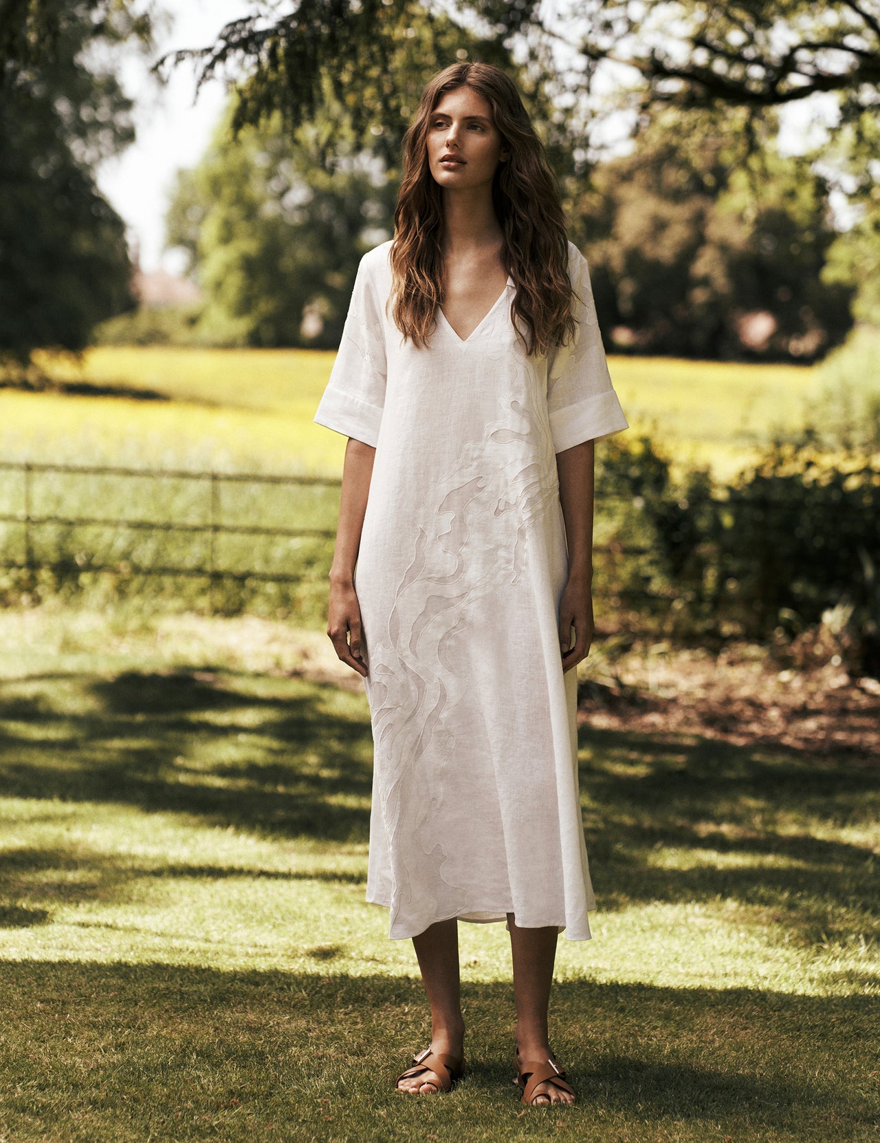  White Linen Maxi Dress with Cutwork Appliqué  