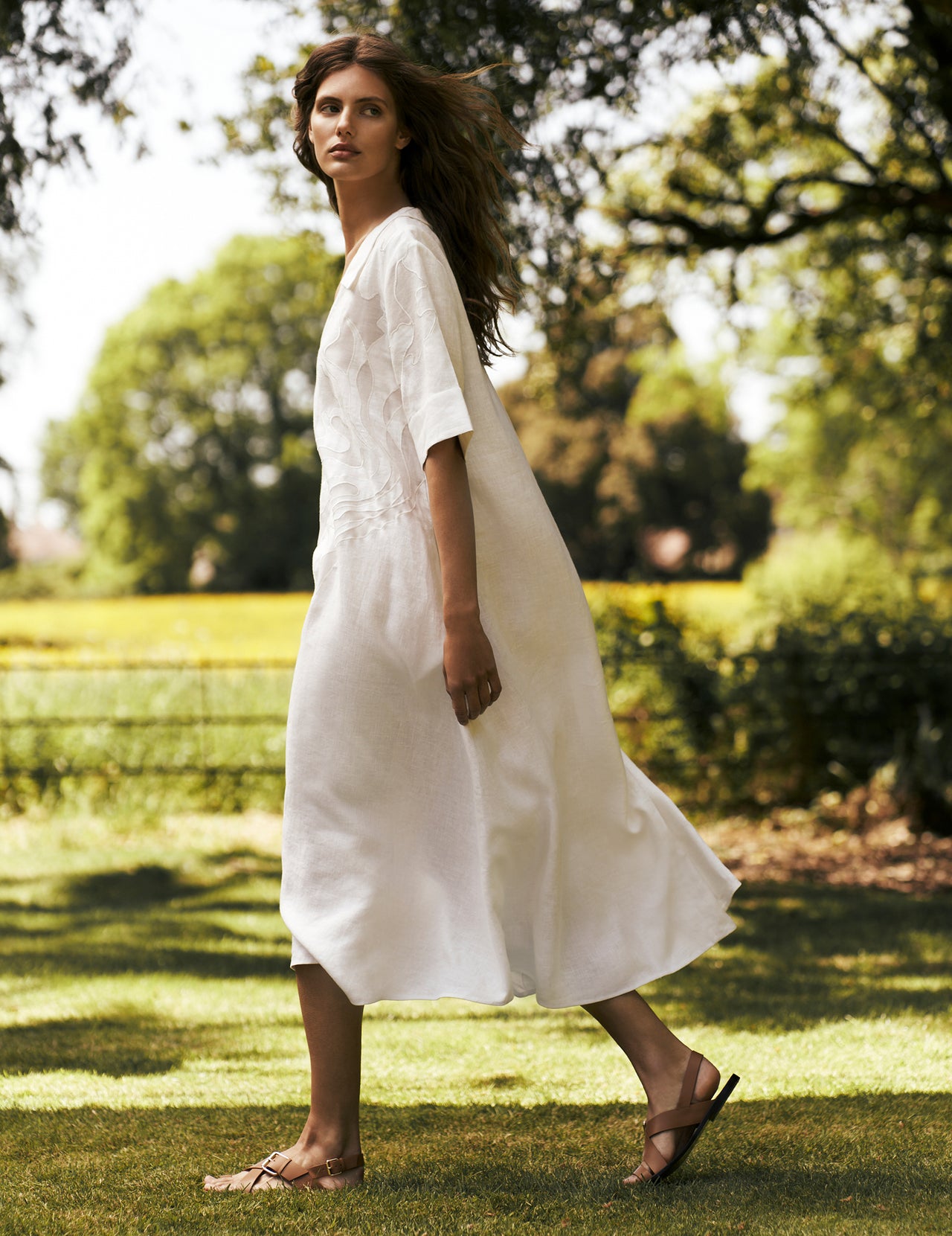  White Linen V Neck Midi Dress with Cutwork Appliqué | Varana 