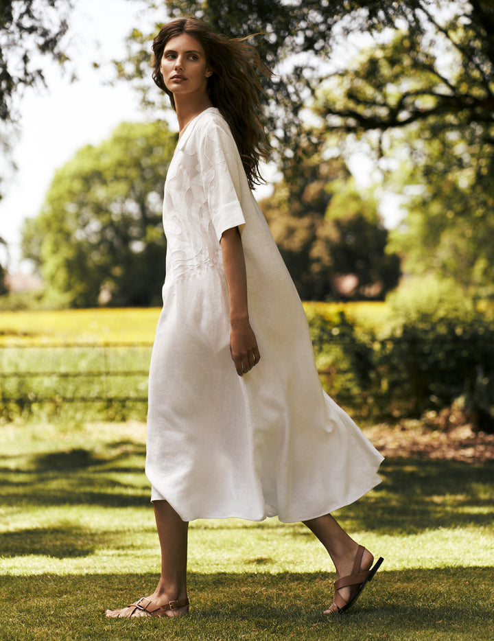 White Linen V Neck Midi Dress with Cutwork Appliqué