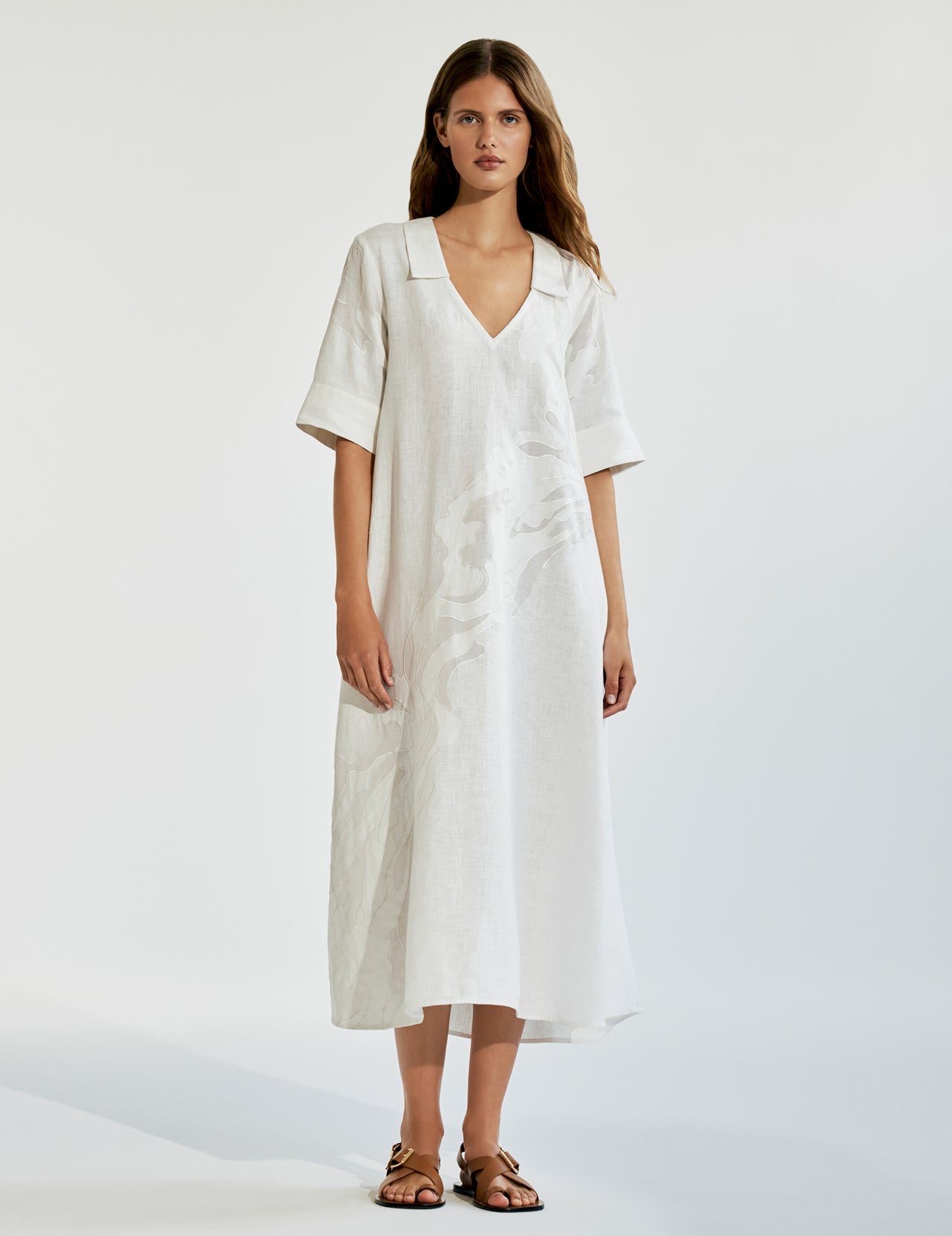  White Linen V Neck Midi Dress with Cutwork Appliqué 