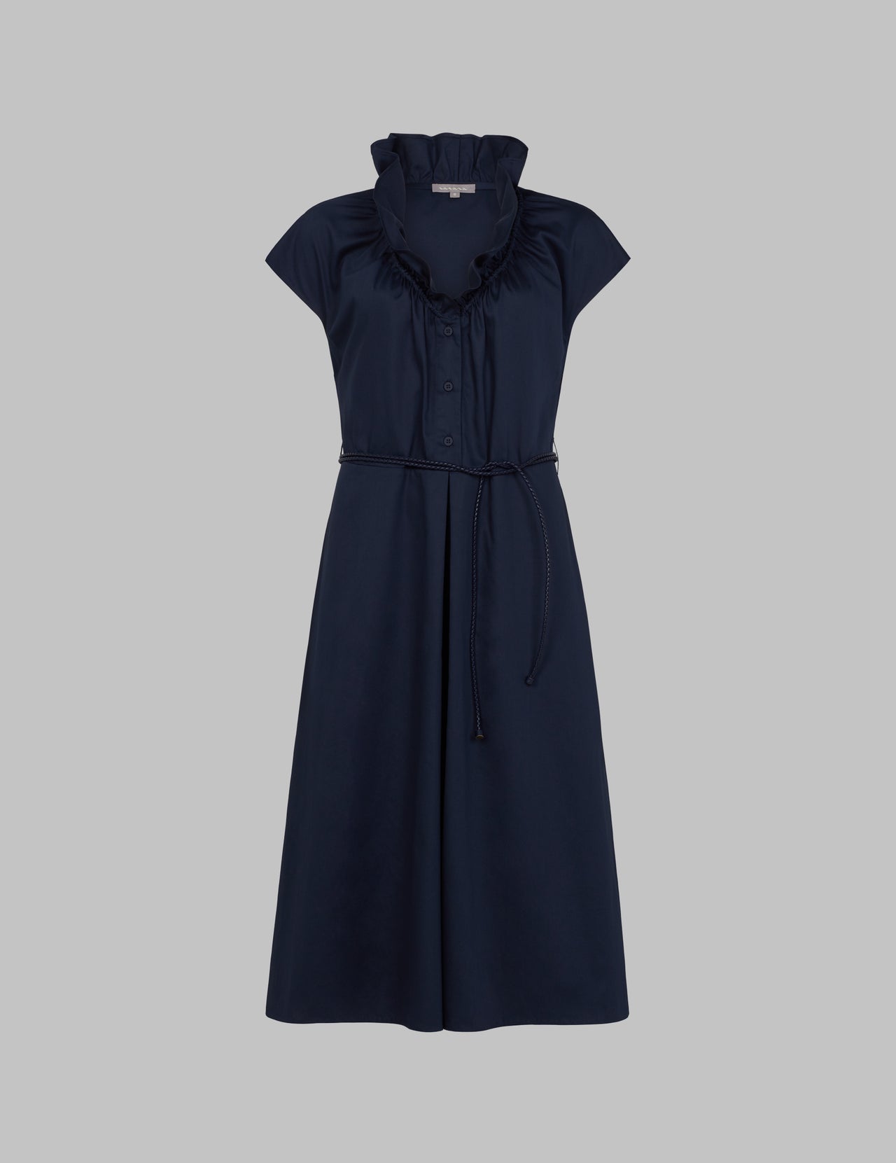  Navy Cotton Sateen Cap Sleeve Belted Midi Dress | Varana 