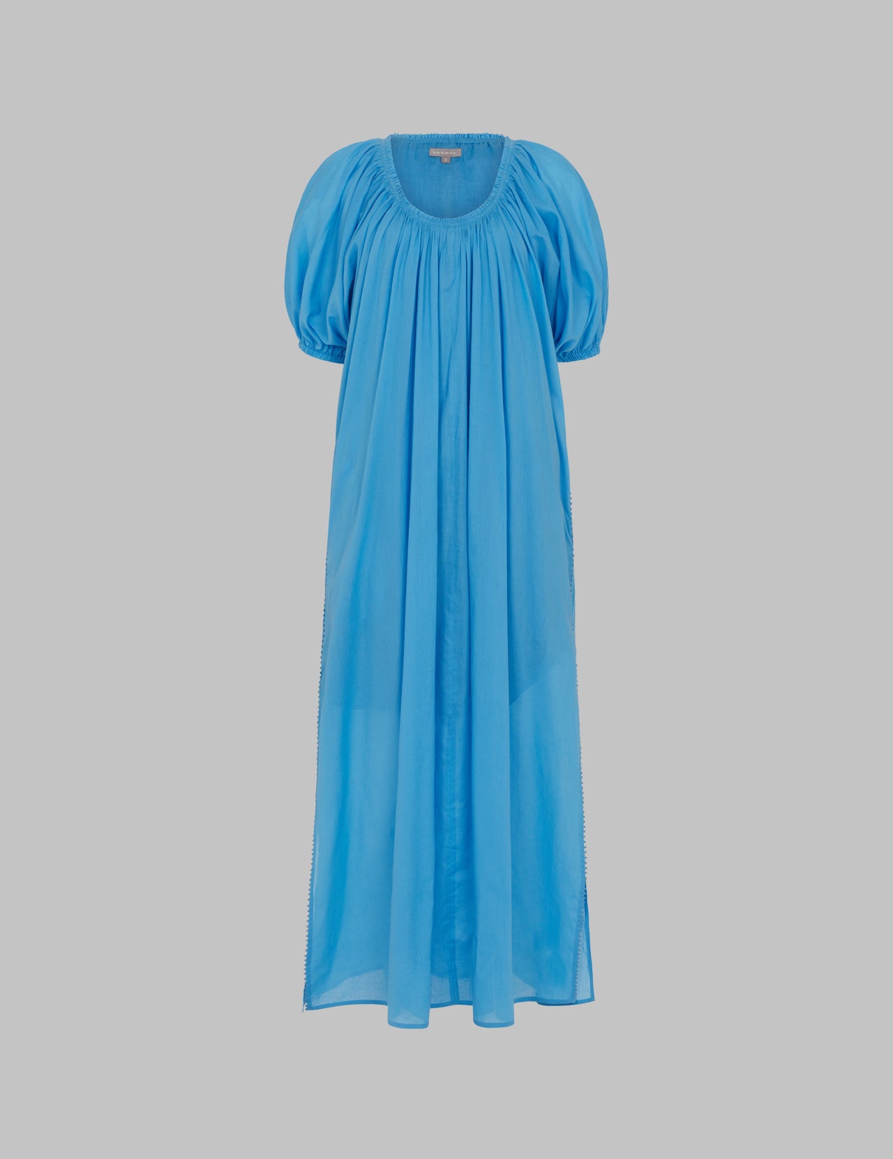  Sky Blue Cotton Voile Gathered Neckline Maxi Dress 