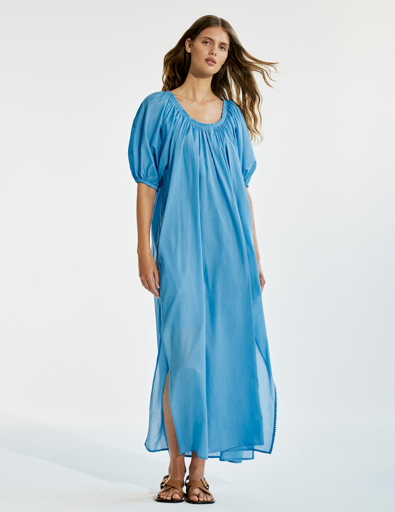  Sky Blue Cotton Voile Gathered Maxi Dress 