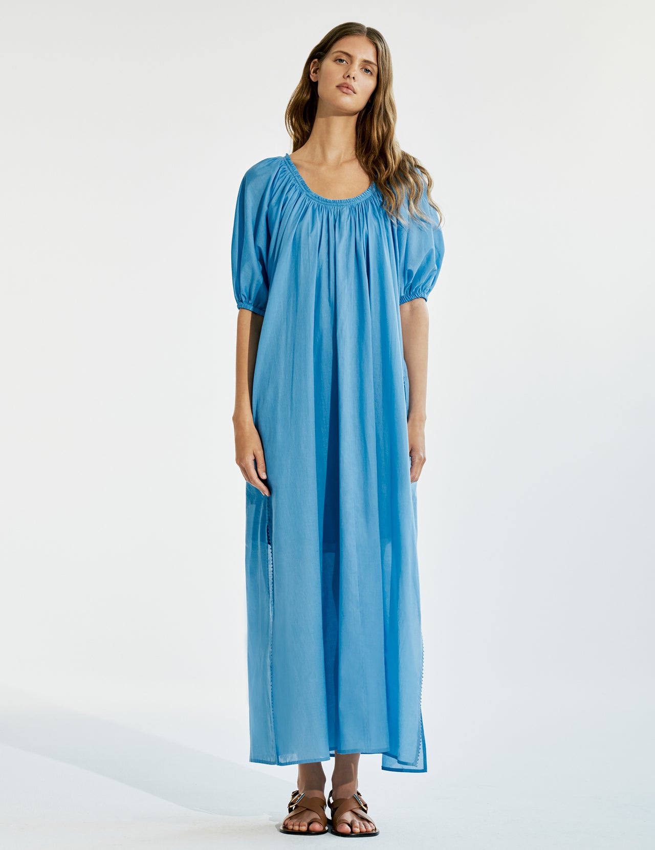  Sky Blue Cotton Voile Gathered Maxi Dress 
