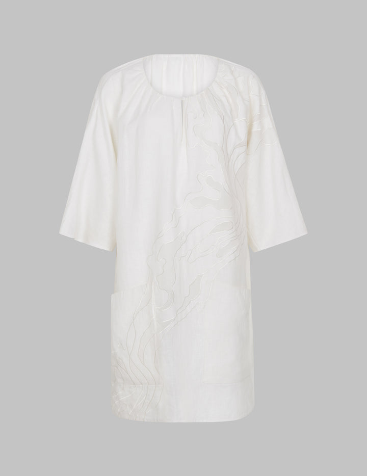 White Linen Short Tunic Dress with Cutwork Appliqué