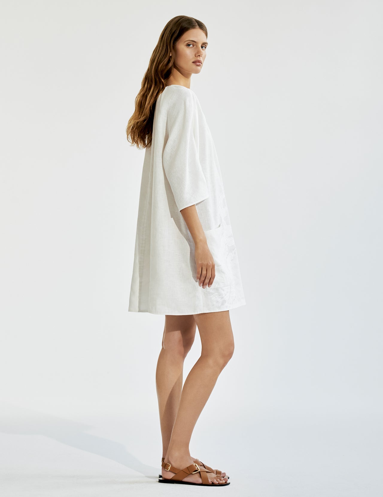  White Linen Short Tunic Dress with Cutwork Appliqué 