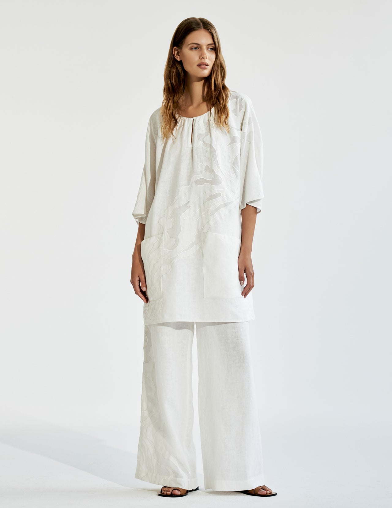  White Linen Short Tunic Dress with Cutwork Appliqué  