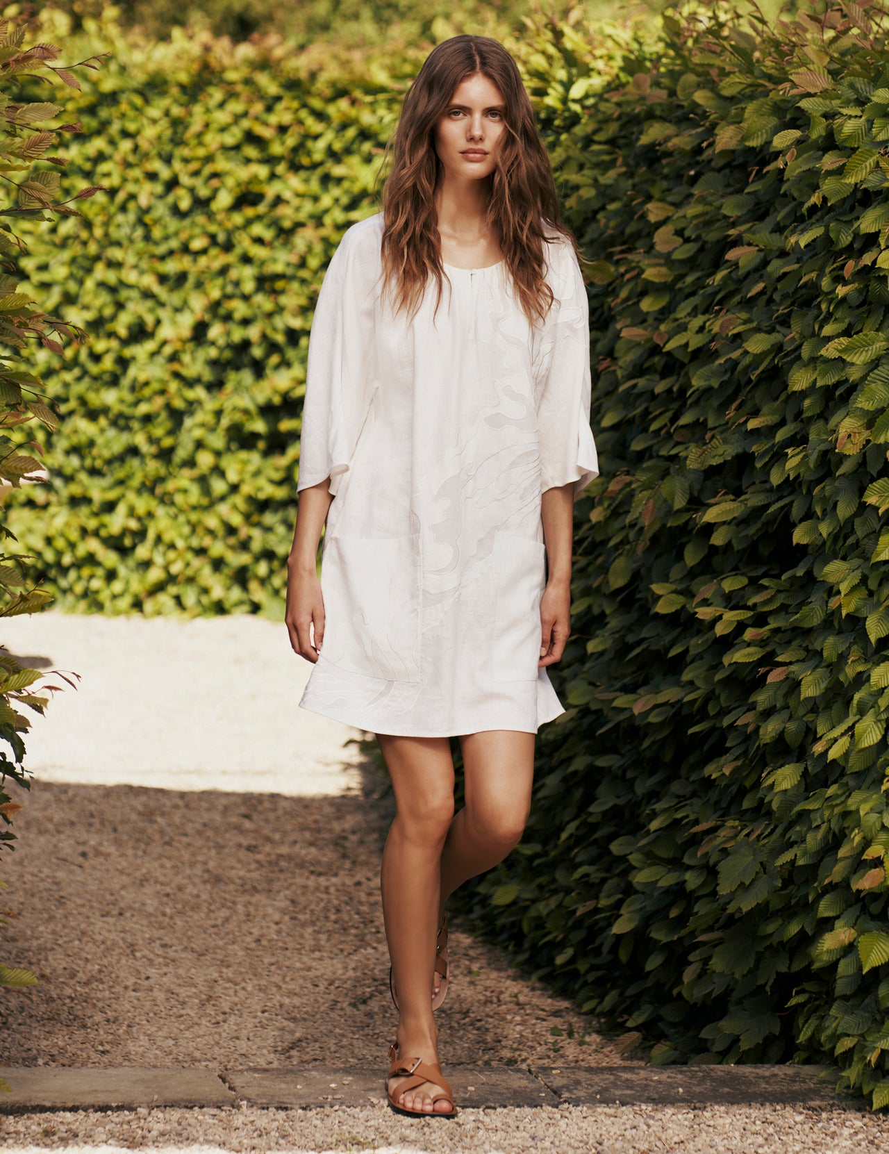  White Linen Short Tunic Dress with Cutwork Appliqué | Varana 