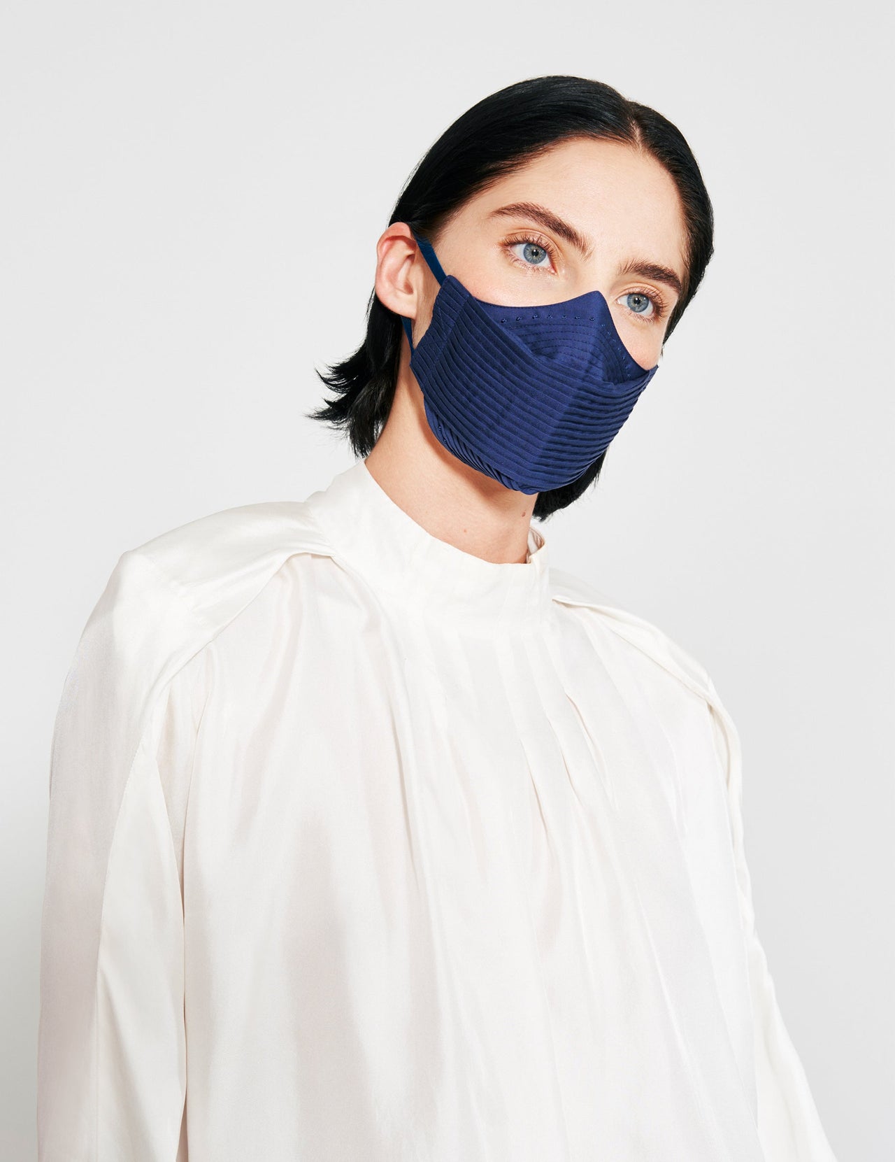  Navy Pleated Cotton Face Mask & Pouch 
