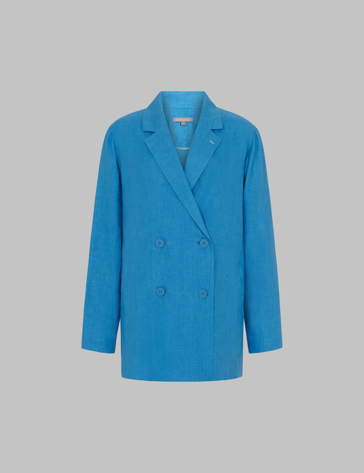 Mid Blue Linen Relaxed Double Breasted Jacket