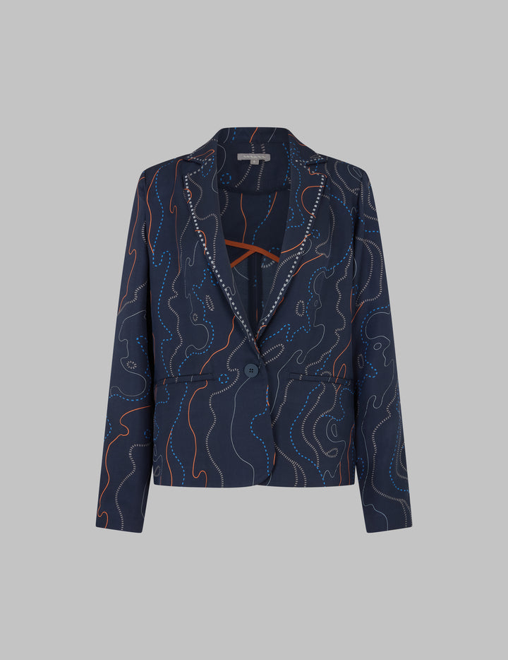 Navy River Print Silk Deconstructed Piccolo Jacket
