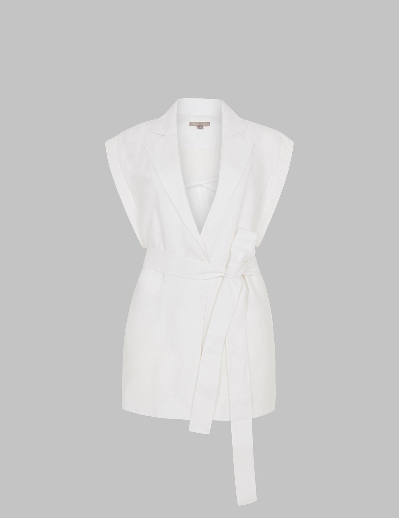  White Linen Relaxed Sleeveless Belted Wrap Jacket 