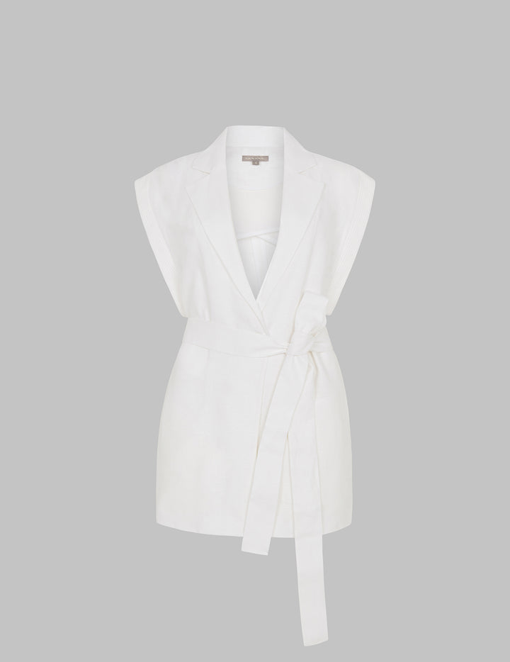White Linen Sleeveless Belted Wrap Jacket