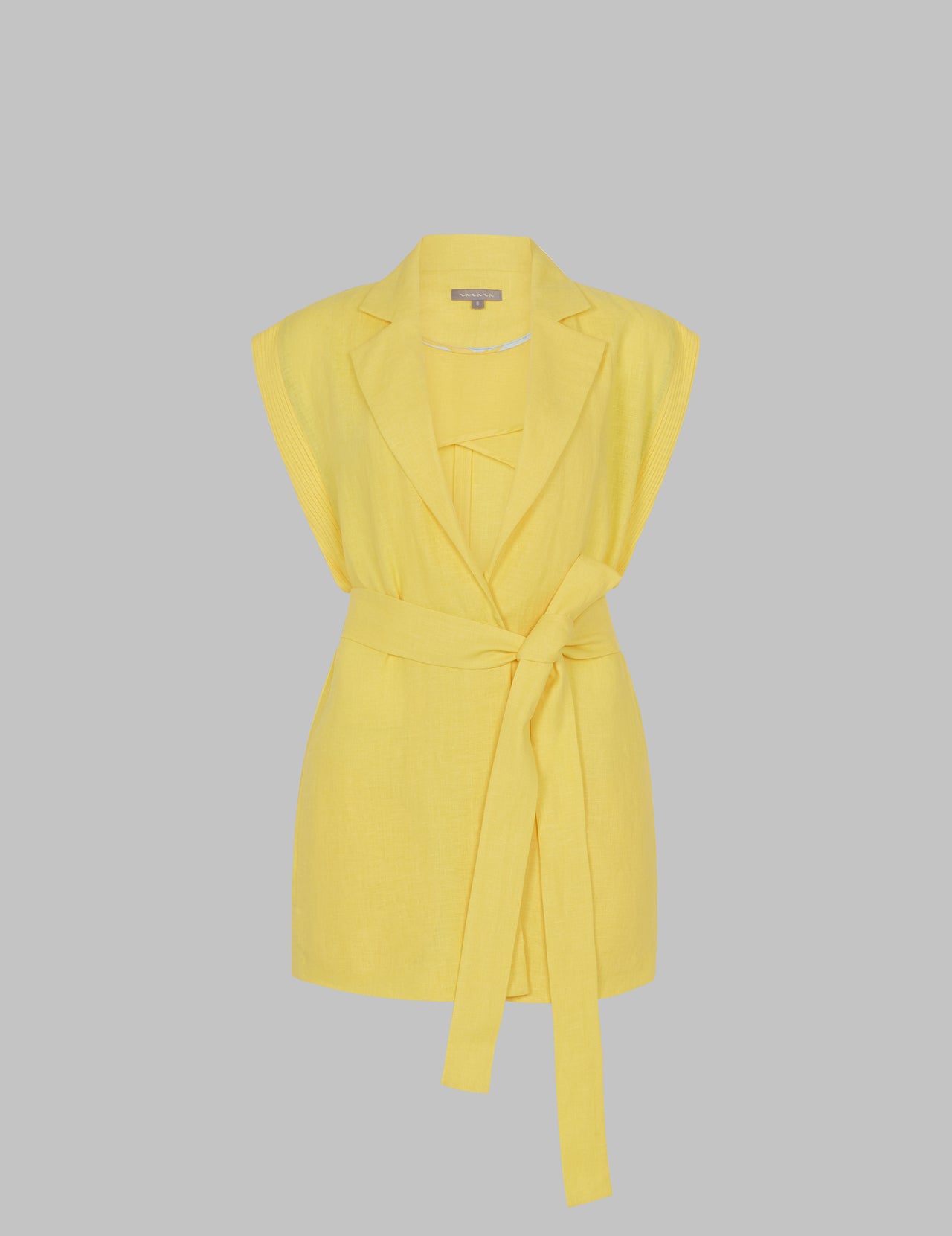  Primrose Yellow Linen Relaxed Sleeveless Belted Wrap Jacket 