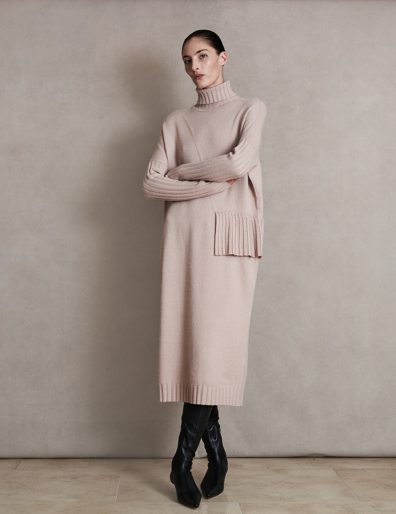  Blush Pink Roll Neck Pleated Cashmere Dress 