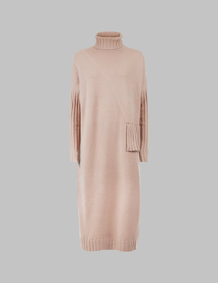 Blush Roll Neck Pleated Cashmere Dress