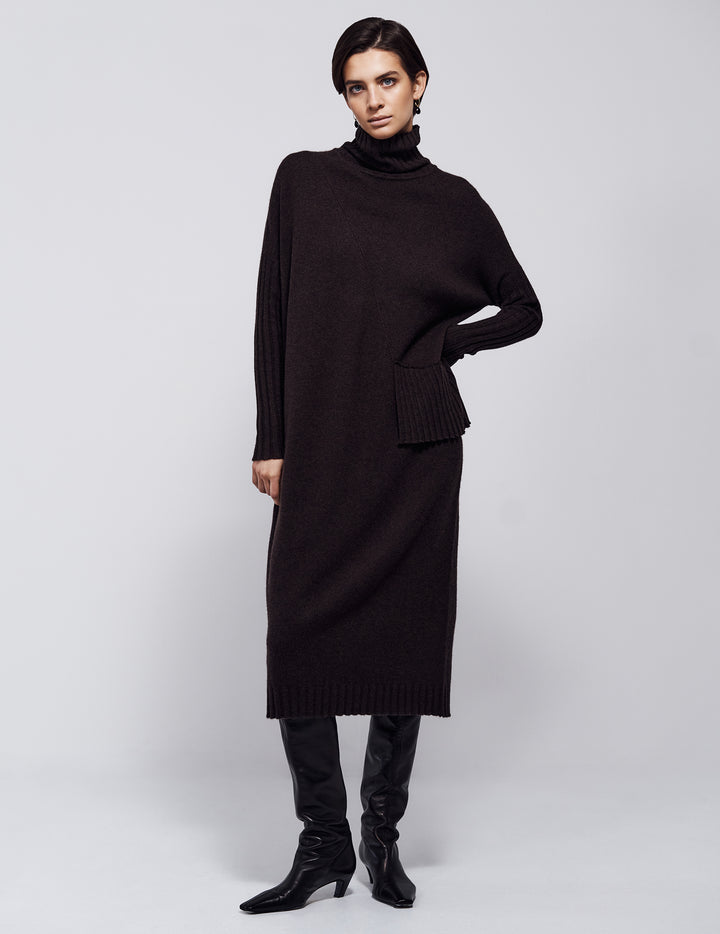 Compost Brown Roll Neck Pleated Cashmere Dress