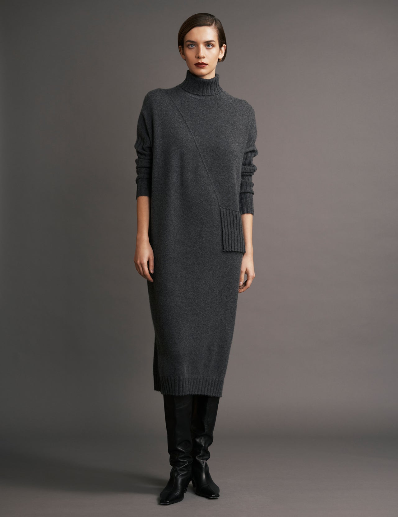  Flannel Grey Roll Neck Pleated Cashmere Dress  