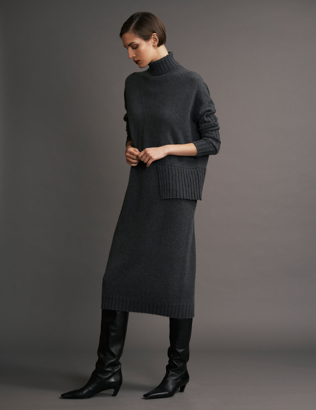 Flannel Grey Roll Neck Pleated Cashmere Dress 
