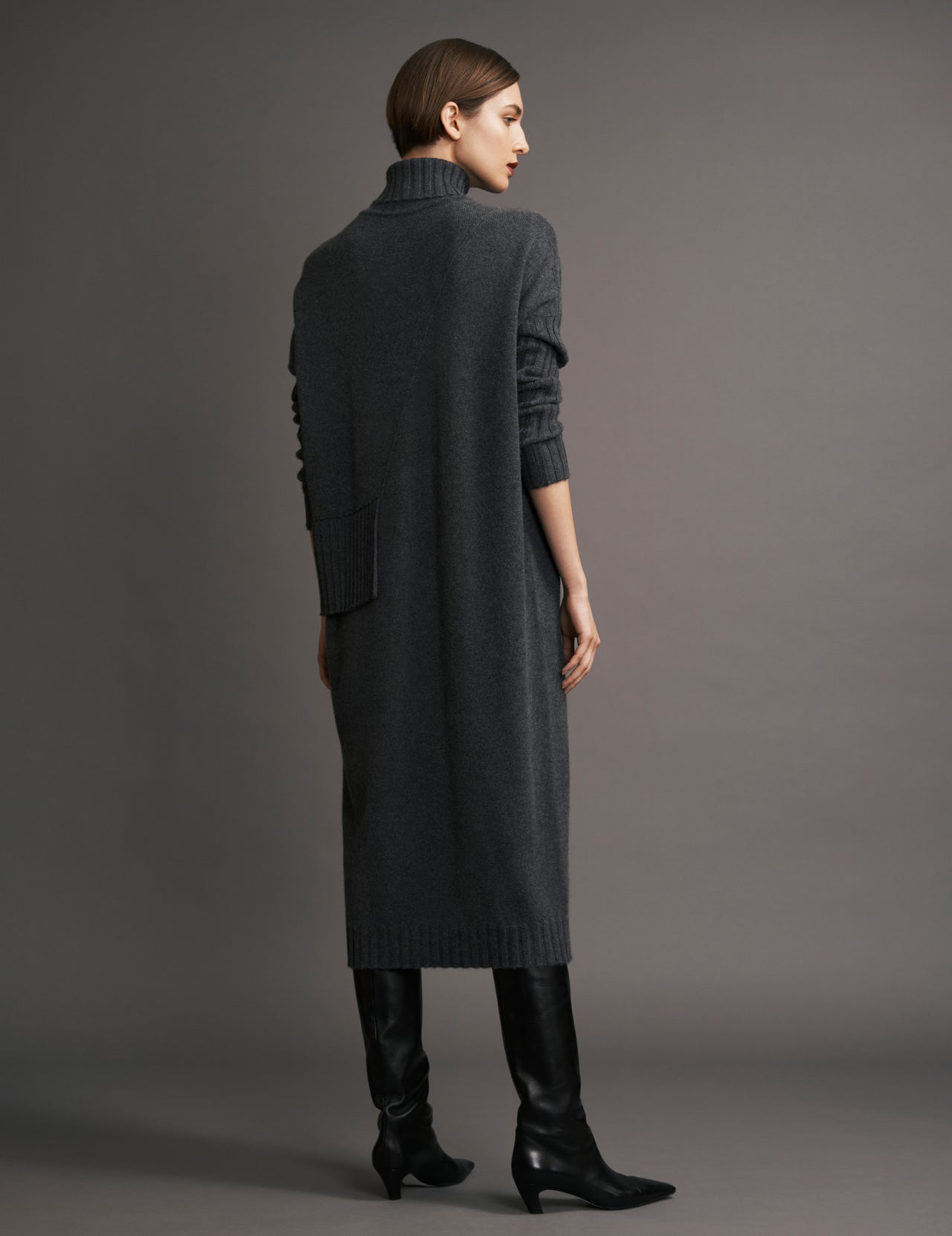  Flannel Grey Roll Neck Pleated Cashmere Dress  