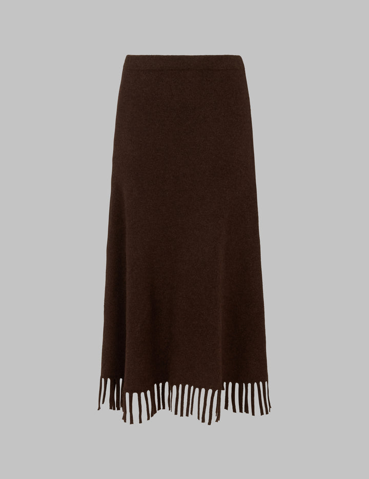 Compost Brown Fringed Cashmere Midi Skirt