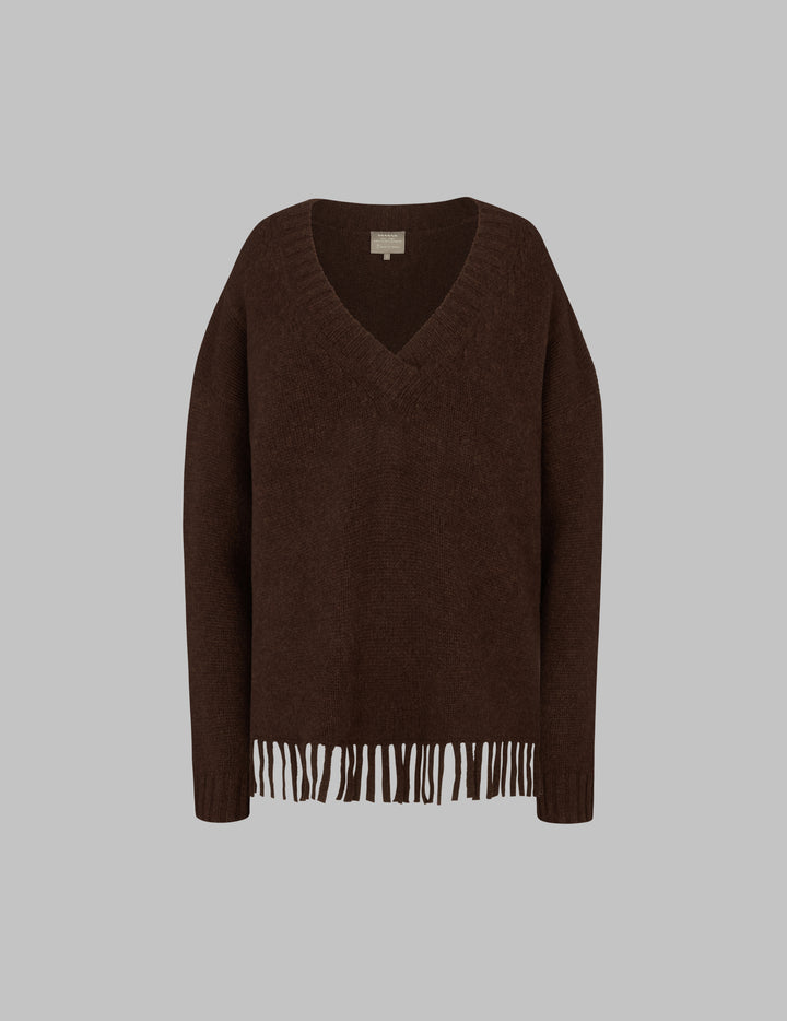 Compost Brown V Neck Fringed Cashmere Sweater